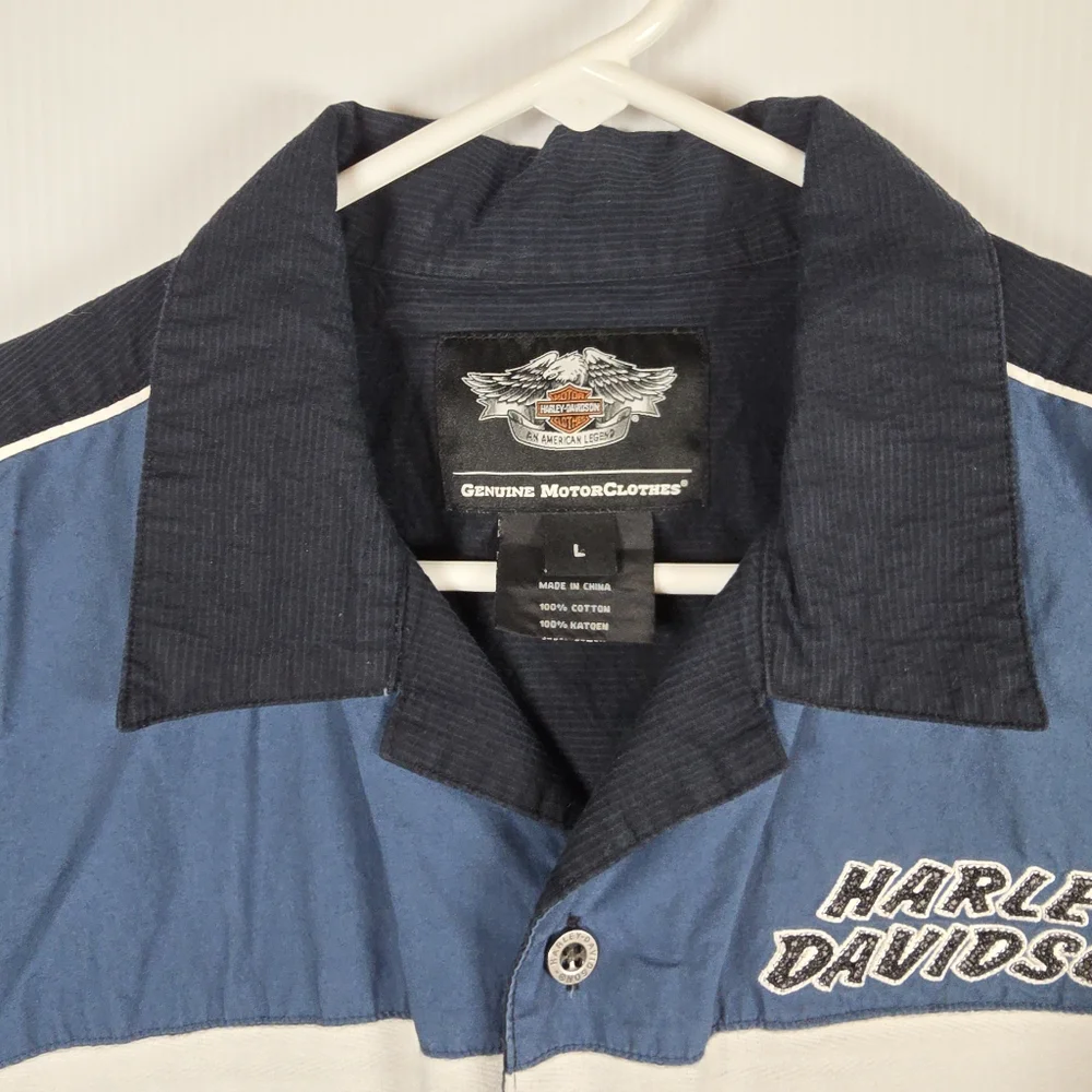 Harley-Davidson Men's Vintage Blue and Black Button Down Shirt Size L Moto - Picture 4 of 14